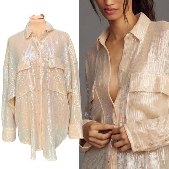 Pilcro (Medium - EUC) Blush Pink Sequin Button-Up Shirt - Picture 1 of 10